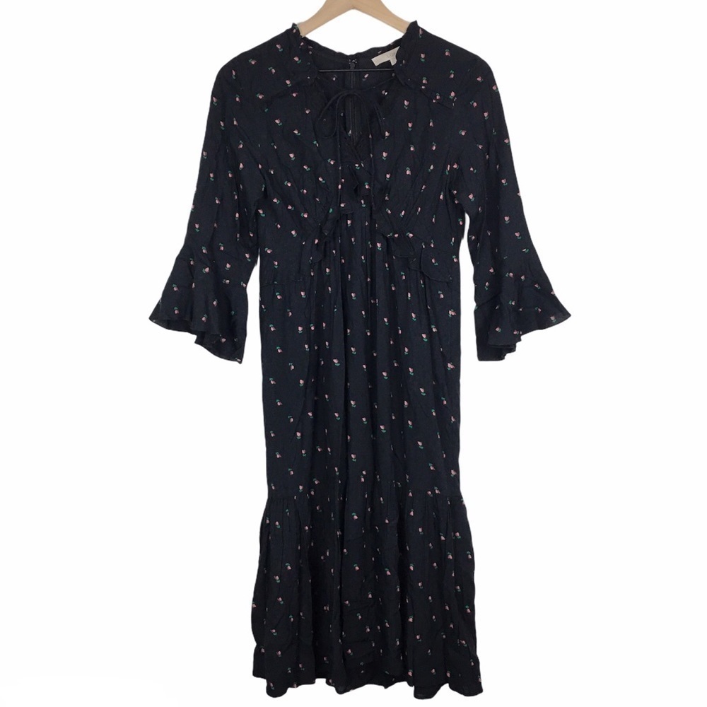 LOFT Midi Dress Prairie Peasant Boho Ruffle Floral Rosebud Garden Party XS NWT